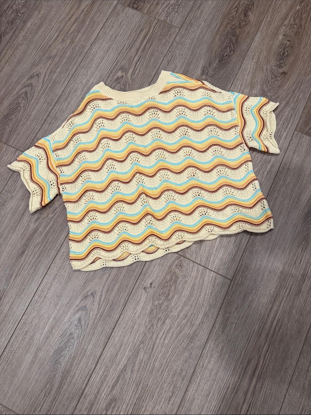 l*space Cream Crochet Wave Stripe Crop Top with Pastel Accents